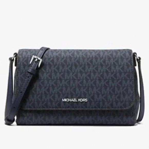 Michael Kors Medium Signature Logo Convertible Crossbody Bag Navy - Picture 1 of 4
